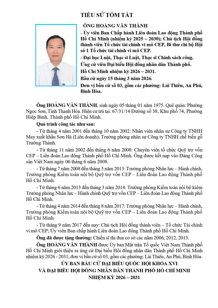 Tóm tắt tiểu sử ông Hoàng Văn Thành ứng cử Hội đồng nhân dân TP. Hồ Chí Minh Khóa XI - Ảnh 1.