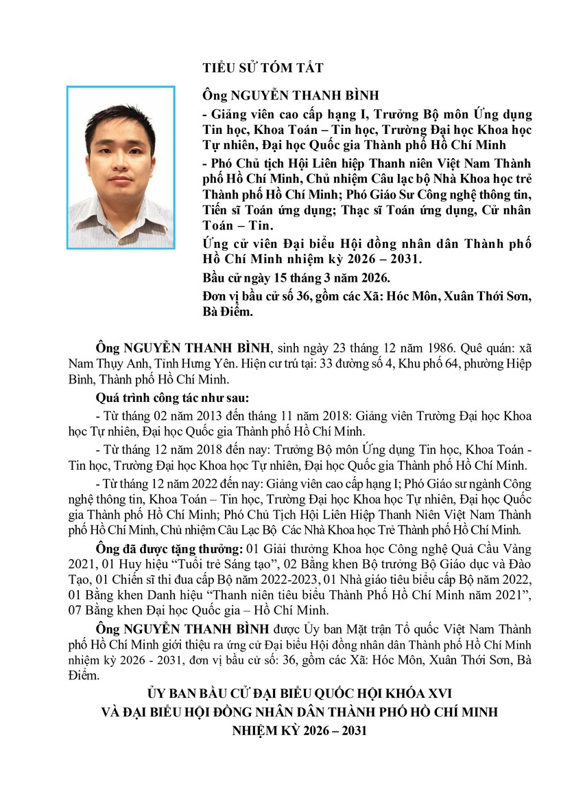 Tóm tắt tiểu sử ông Nguyễn Thanh Bình ứng cử Hội đồng nhân dân TP. Hồ Chí Minh Khóa XI - Ảnh 1.
