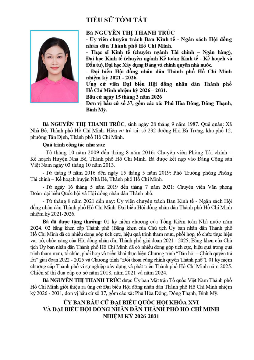 Tóm tắt tiểu sử bà Nguyễn Thị Thanh Trúc ứng cử Hội đồng nhân dân TP. Hồ Chí Minh Khóa XI - Ảnh 1.