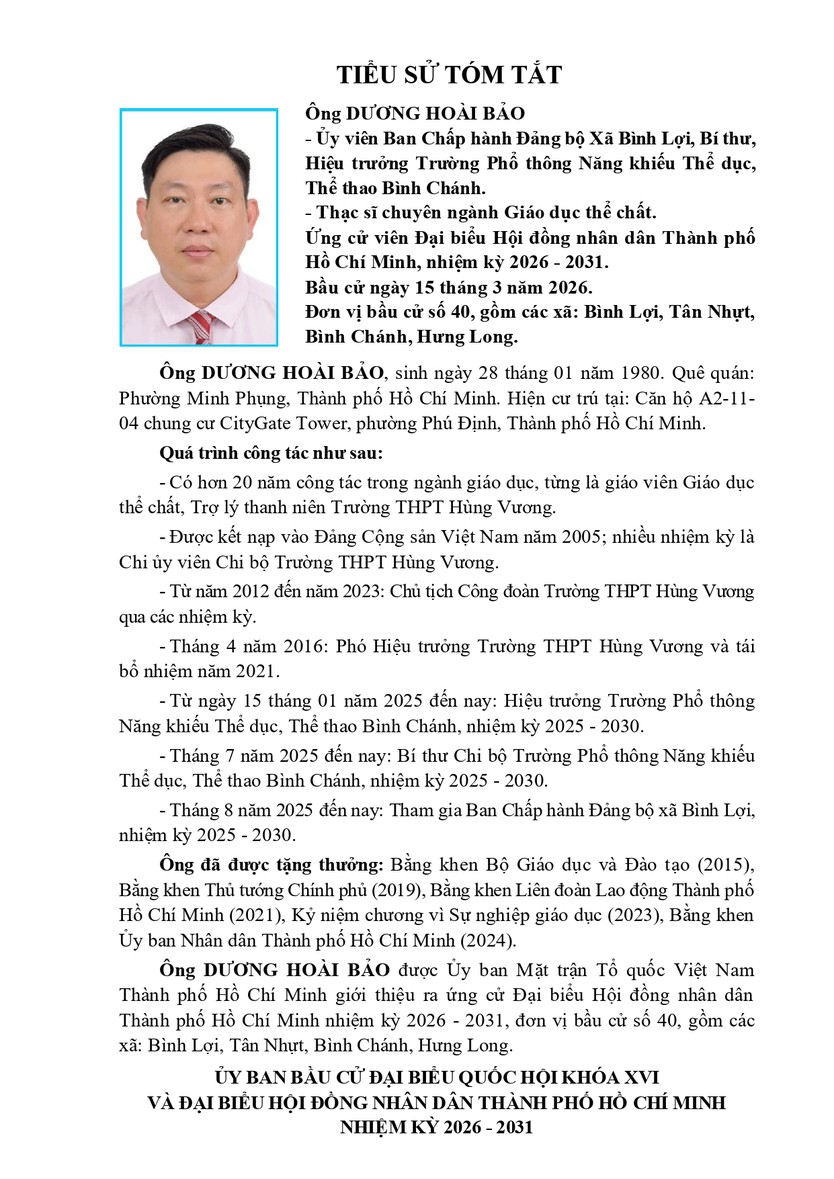 Tóm tắt tiểu sử ông Dương Hoài Bảo ứng cử Hội đồng nhân dân TP. Hồ Chí Minh Khóa XI - Ảnh 1.