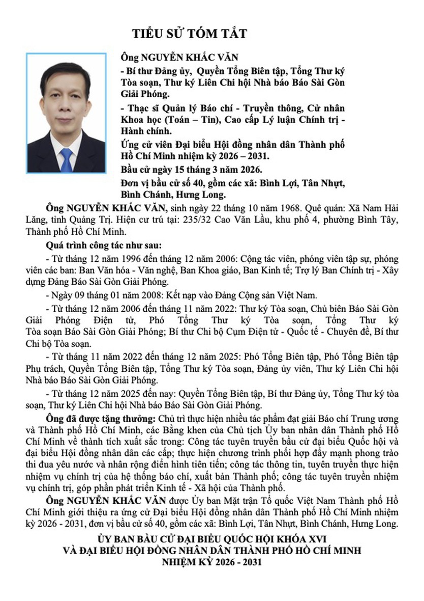 Tóm tắt tiểu sử ông Nguyễn Khắc Văn ứng cử Hội đồng nhân dân TP. Hồ Chí Minh Khóa XI - Ảnh 1.