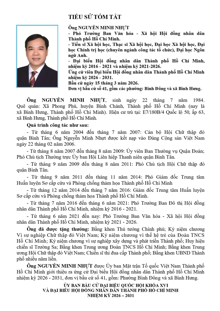 Tóm tắt tiểu sử ông Nguyễn Minh Nhựt ứng cử Hội đồng nhân dân TP. Hồ Chí Minh Khóa XI - Ảnh 1.