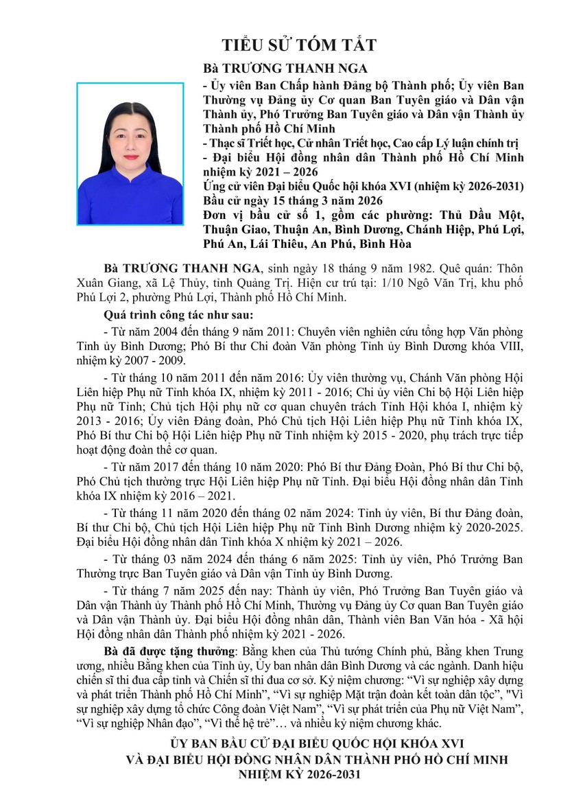 Tóm tắt tiểu sử bà Trương Thanh Nga ứng cử Đại biểu Quốc hội Khóa XVI - Ảnh 1.