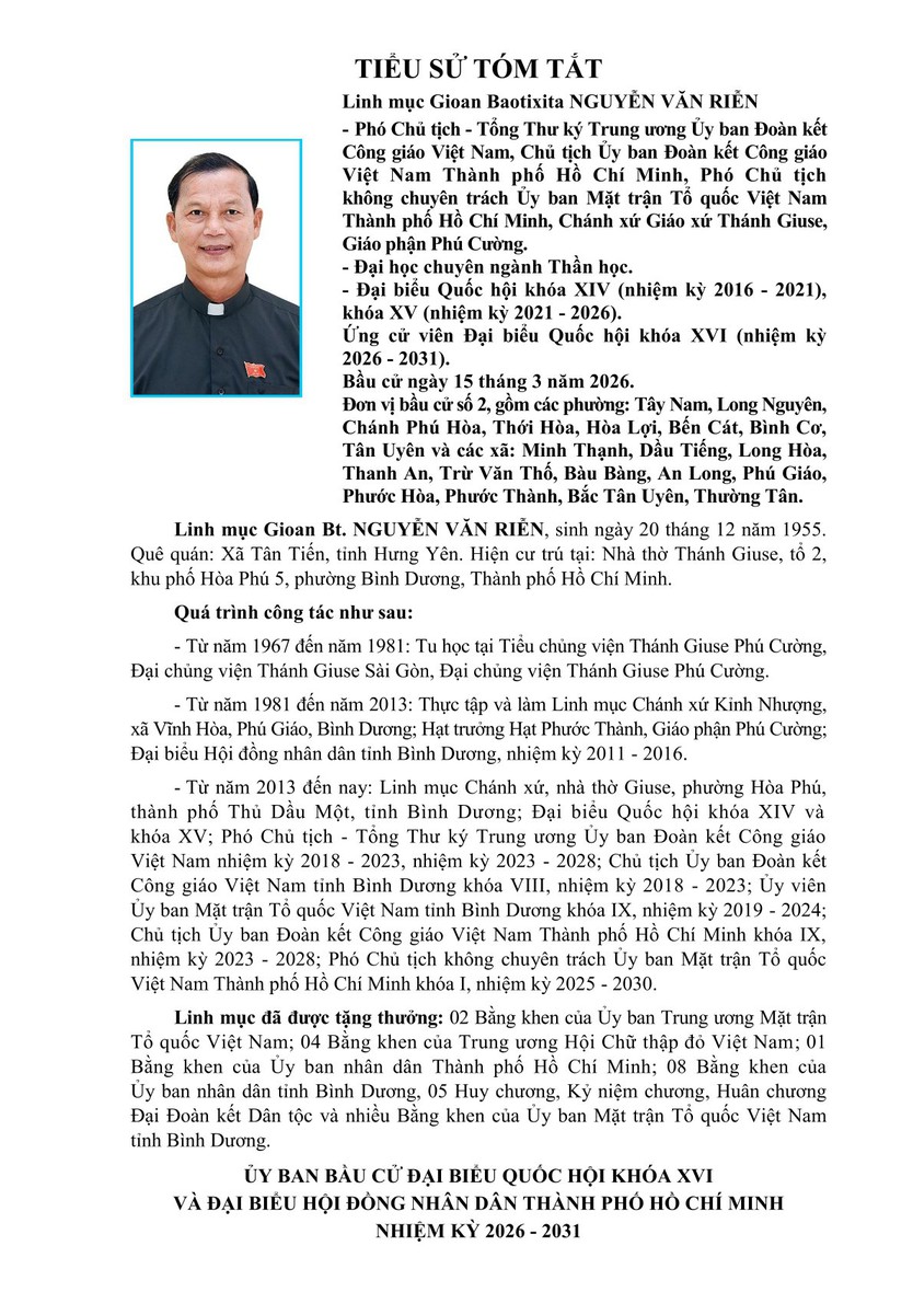 Tóm tắt tiểu sử Linh mục Gioan Baotixita Nguyễn Văn Riễn ứng cử Đại biểu Quốc hội Khóa XVI - Ảnh 1.