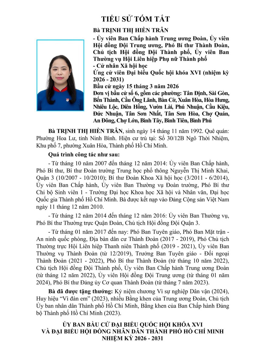 Tóm tắt tiểu sử bà Trịnh Thị Hiền Trân ứng cử Đại biểu Quốc hội Khóa XVI - Ảnh 1.