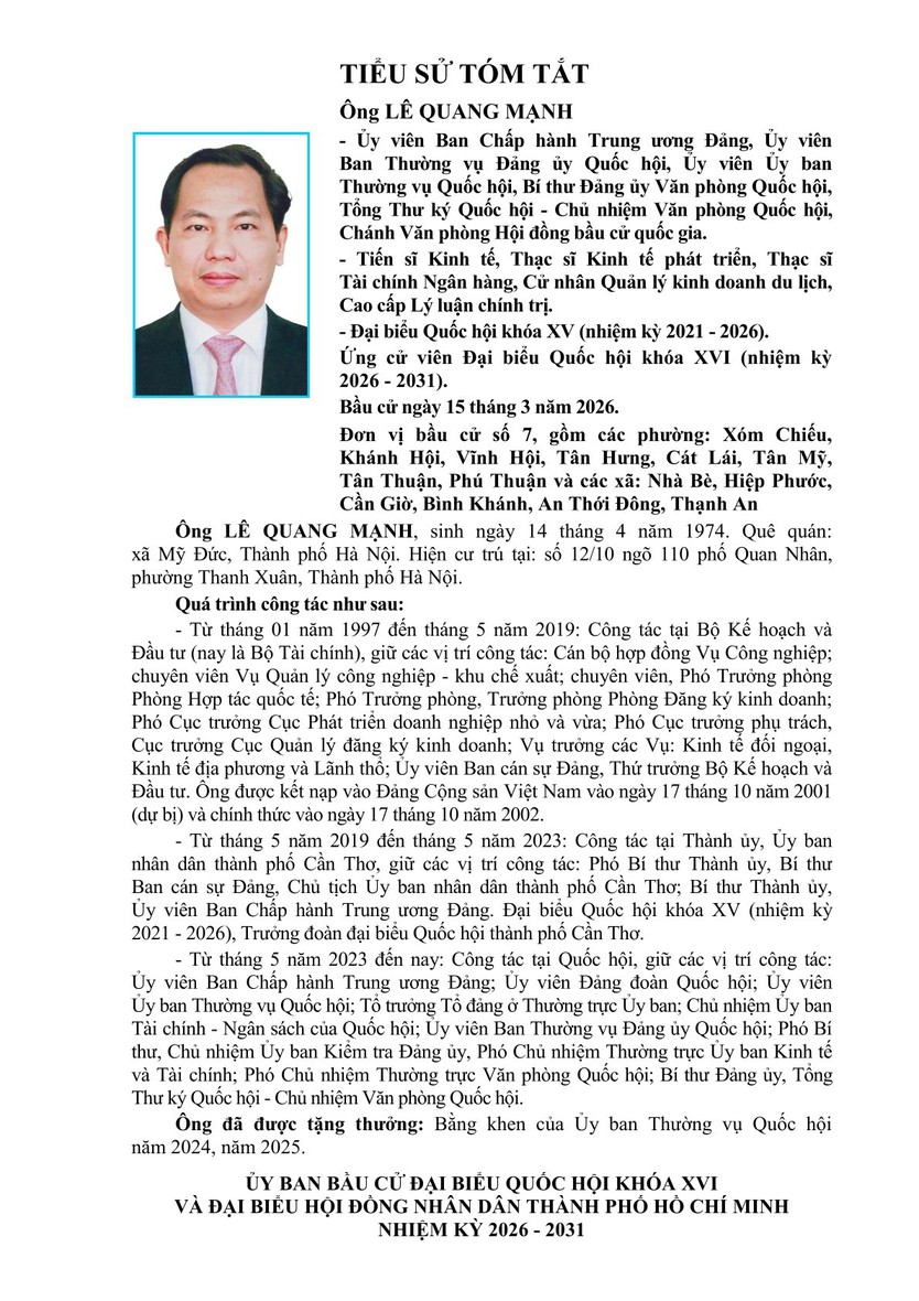 Tóm tắt tiểu sử ông Lê Quang Mạnh ứng cử Đại biểu Quốc hội Khóa XVI - Ảnh 1.