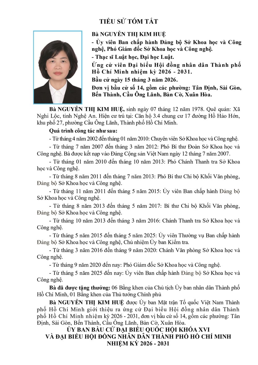 Tóm tắt tiểu sử bà Nguyễn Thị Kim Huệ ứng cử Hội đồng nhân dân TP. Hồ Chí Minh Khóa XI- Ảnh 1.