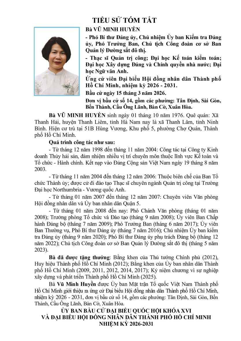 Tóm tắt tiểu sử bà Vũ Minh Huyền ứng cử Hội đồng nhân dân TP. Hồ Chí Minh Khóa XI- Ảnh 1.