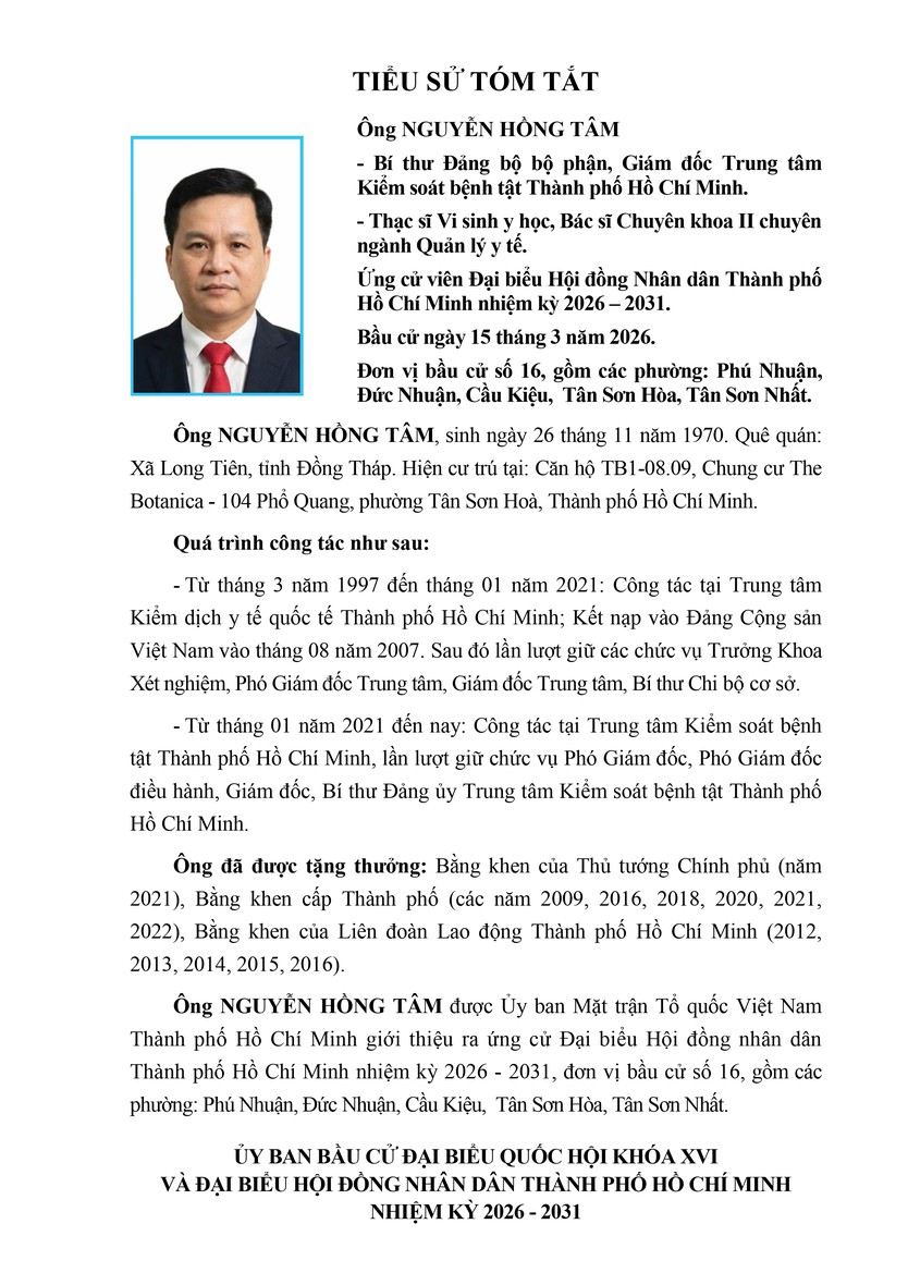 Tóm tắt tiểu sử ông Nguyễn Hồng Tâm ứng cử Hội đồng nhân dân TP. Hồ Chí Minh Khóa XI - Ảnh 1.