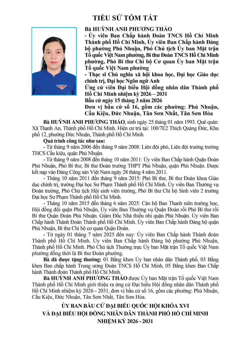 Tóm tắt tiểu sử bà Huỳnh Anh Phương Thảo ứng cử Hội đồng nhân dân TP. Hồ Chí Minh Khóa XI  - Ảnh 1.