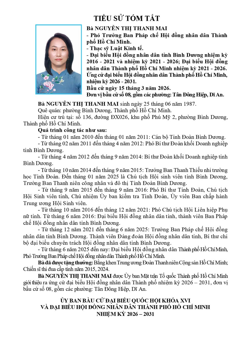 Tóm tắt tiểu sử bà Nguyễn Thị Thanh Mai ứng cử Hội đồng nhân dân TP. Hồ Chí Minh Khóa XI- Ảnh 1.