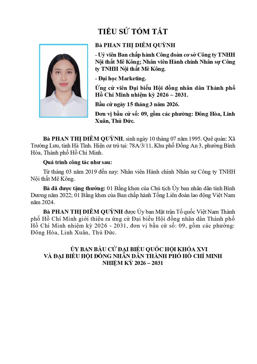 Tóm tắt tiểu sử bà Phan Thị Diễm Quỳnh ứng cử Hội đồng nhân dân TP. Hồ Chí Minh Khóa XI- Ảnh 1.