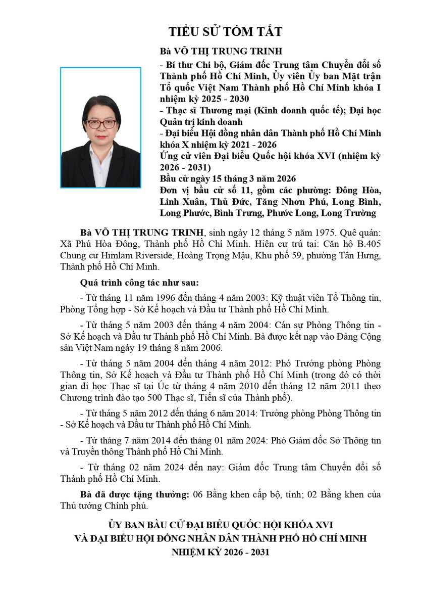 Tóm tắt tiểu sử bà Võ Thị Trung Trinh ứng cử Đại biểu Quốc hội Khóa XVI - Ảnh 1.