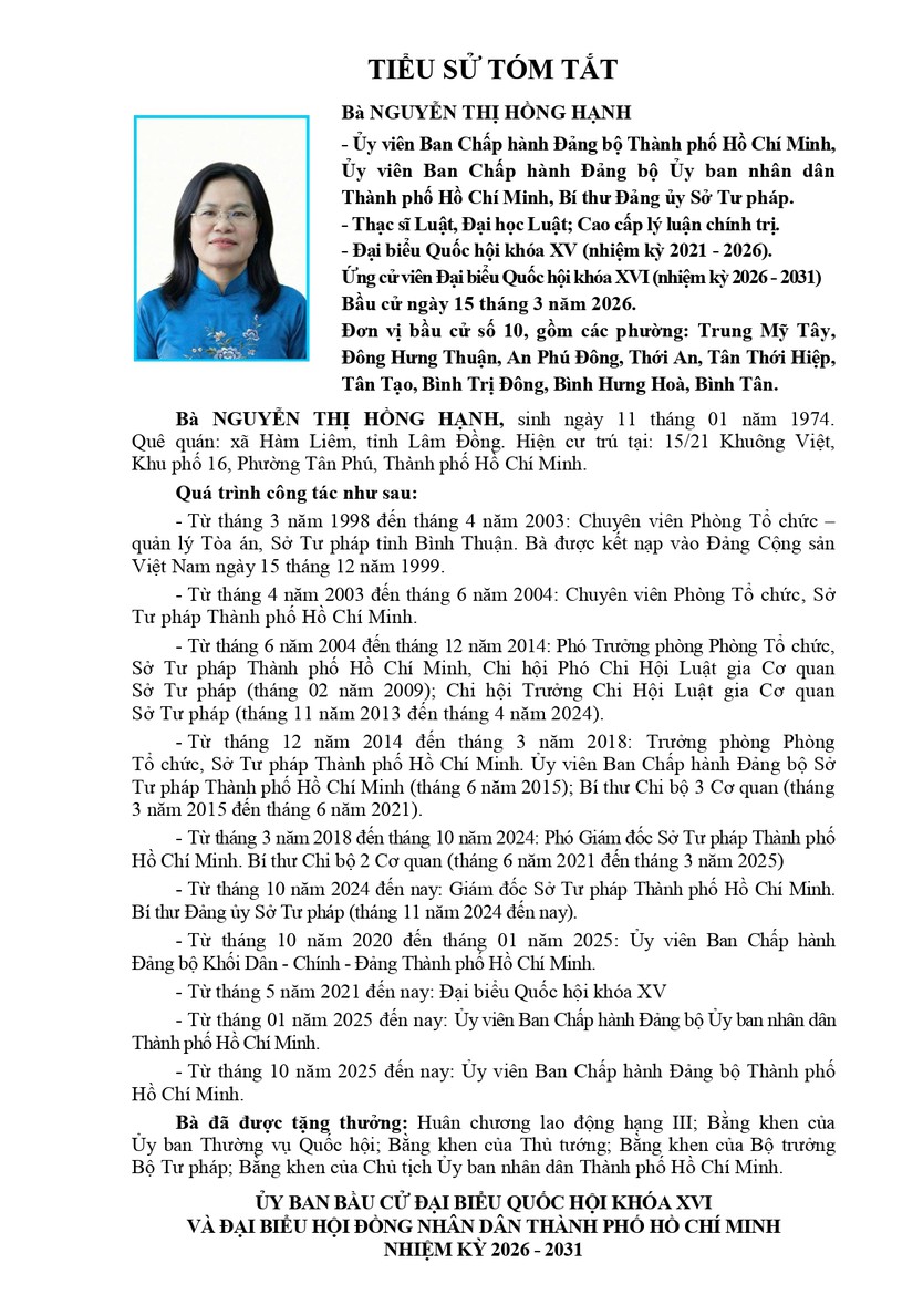 Tóm tắt tiểu sử bà Nguyễn Thị Hồng Hạnh ứng cử Đại biểu Quốc hội Khóa XVI - Ảnh 1.