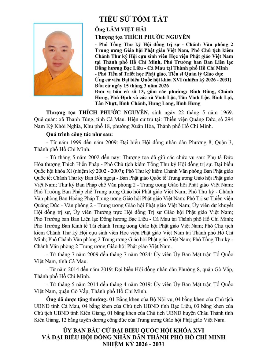Tóm tắt tiểu sử ông Lâm Việt Hải (Thượng tọa Thích Phước Nguyên) ứng cử Đại biểu Quốc hội Khóa XVI - Ảnh 1.