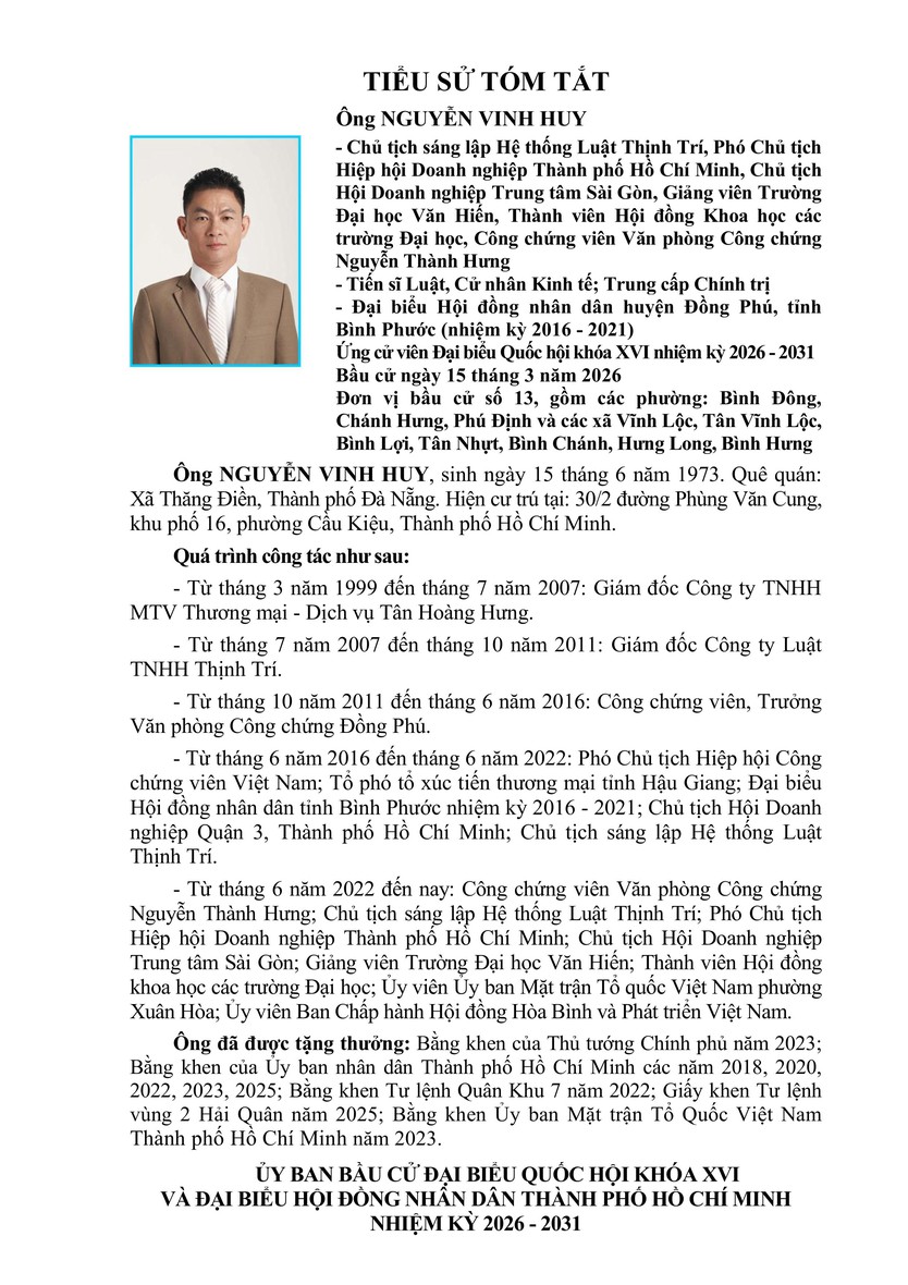 Tóm tắt tiểu sử ông Nguyễn Vinh Huy ứng cử Đại biểu Quốc hội Khóa XVI - Ảnh 1.