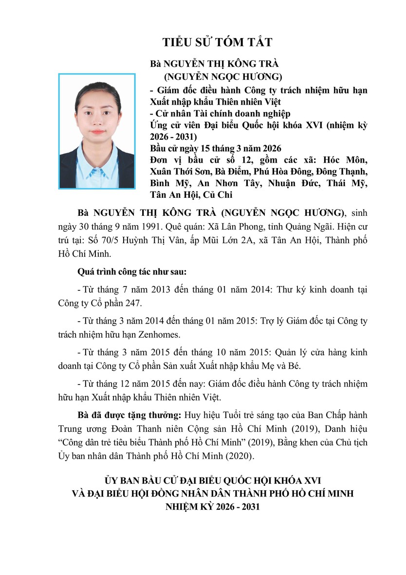 Tóm tắt tiểu sử bà Nguyễn Thị Kông Trà (Nguyễn Ngọc Hương) ứng cử Đại biểu Quốc hội Khóa XVI - Ảnh 1.