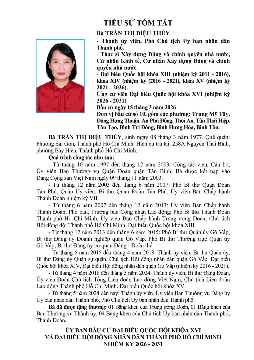 Tóm tắt tiểu sử bà Trần Thị Diệu Thúy ứng cử Đại biểu Quốc hội Khóa XVI - Ảnh 1.