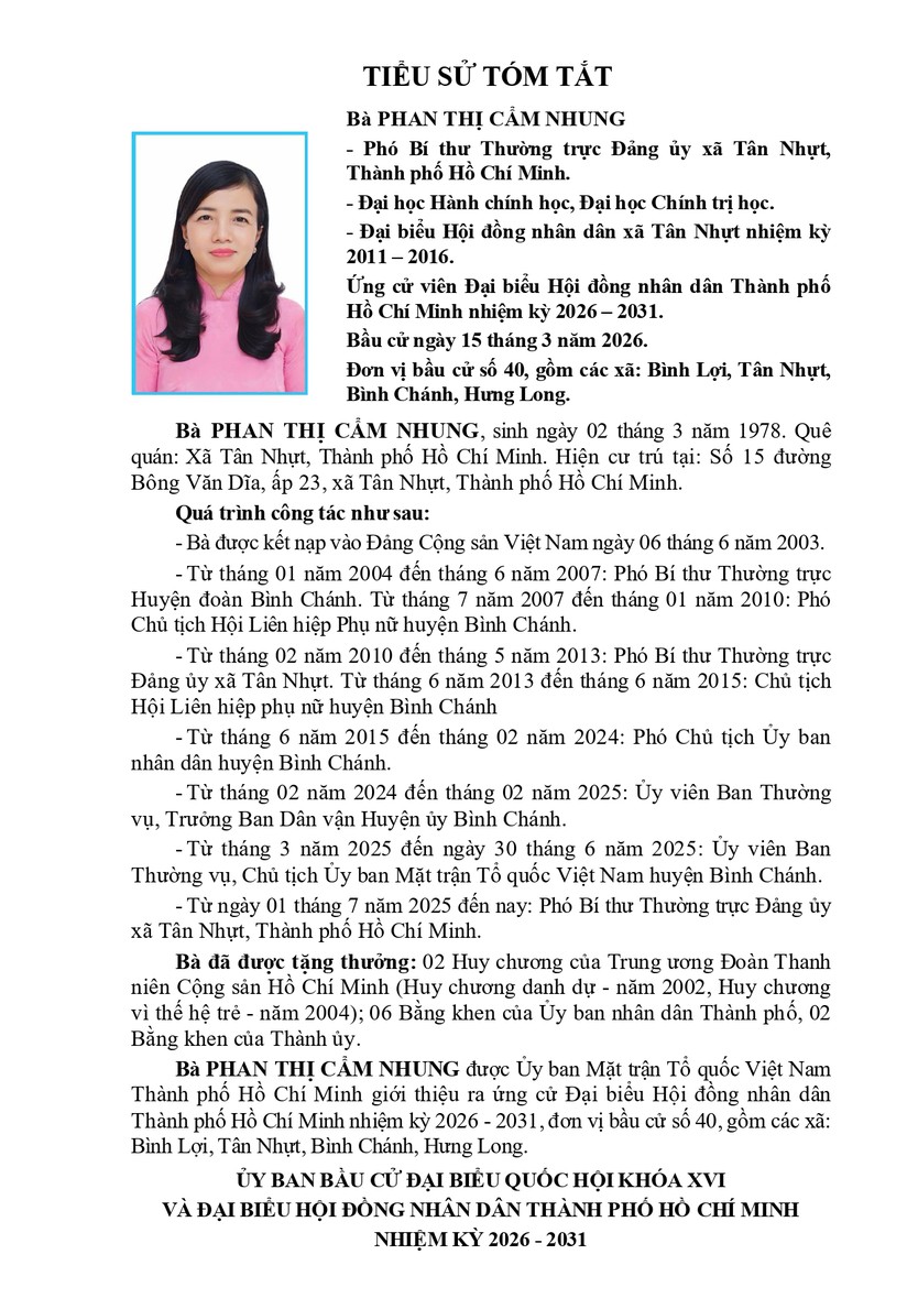 Bà Phan Thị Cẩm Nhung trúng cử Đại biểu Hội đồng nhân dân TP. Hồ Chí Minh Khóa XI nhiệm kỳ 2026 - 2031 - Ảnh 1.