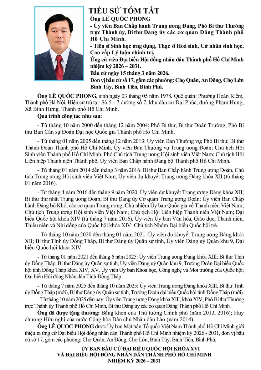 Ông Lê Quốc Phong trúng cử Đại biểu Hội đồng nhân dân TP. Hồ Chí Minh Khóa XI nhiệm kỳ 2026 - 2031 - Ảnh 1.