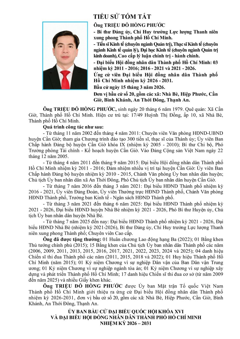 Ông Triệu Đỗ Hồng Phước trúng cử Đại biểu Hội đồng nhân dân TP. Hồ Chí Minh Khóa XI nhiệm kỳ 2026 - 2031 - Ảnh 1.
