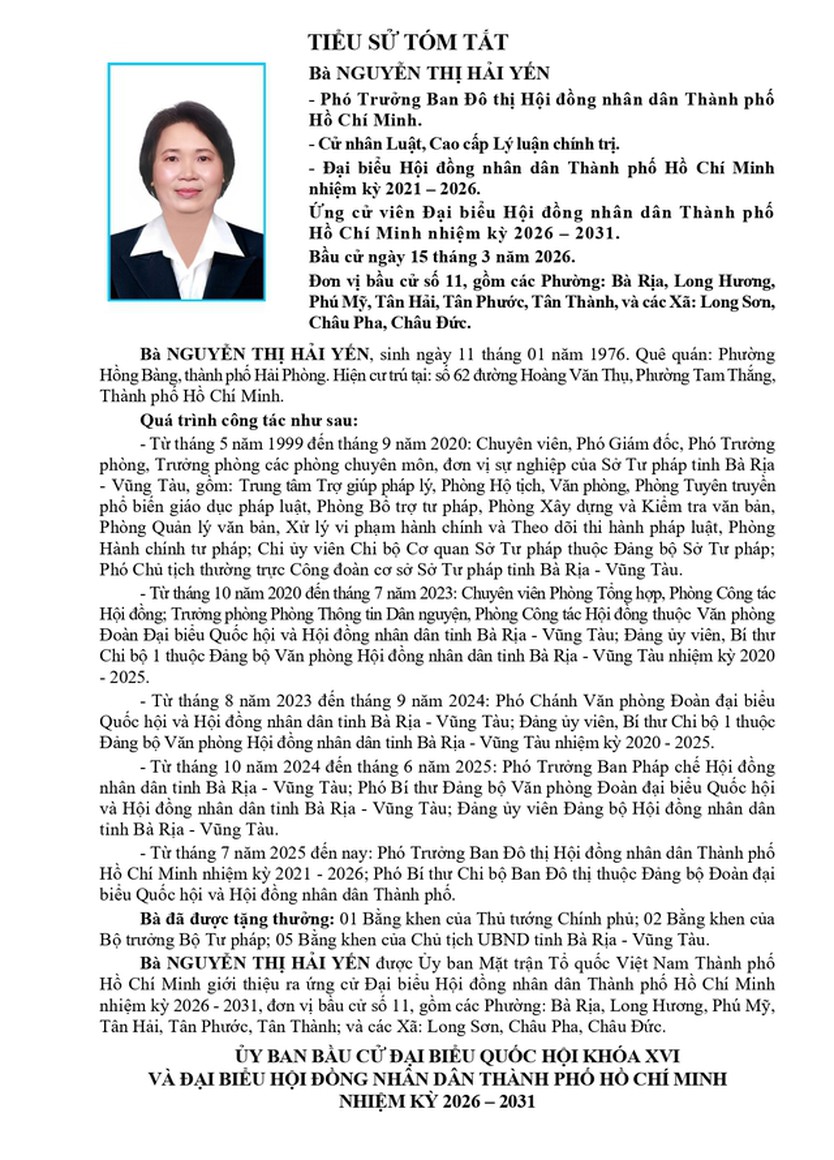 Bà Nguyễn Thị Hải Yến trúng cử Đại biểu Hội đồng nhân dân TP. Hồ Chí Minh Khóa XI nhiệm kỳ 2026 - 2031 - Ảnh 1.