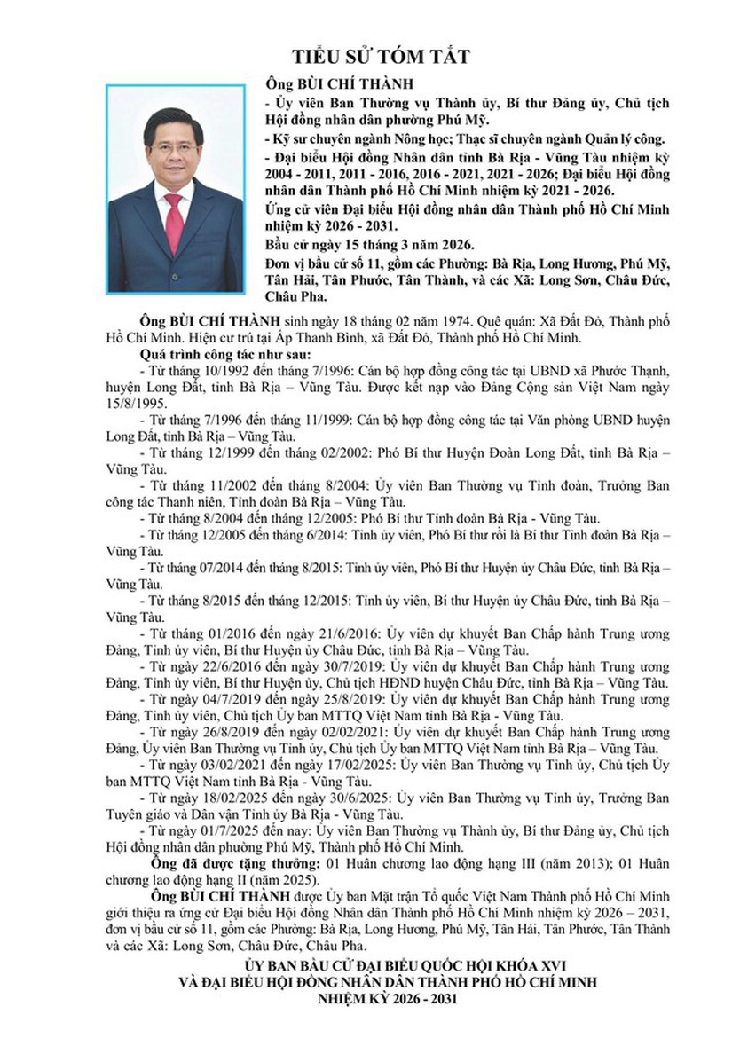 Ông Bùi Chí Thành trúng cử Đại biểu Hội đồng nhân dân TP. Hồ Chí Minh Khóa XI nhiệm kỳ 2026 - 2031 - Ảnh 1.