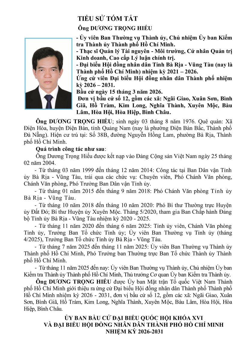 Ông Dương Trọng Hiếu trúng cử Đại biểu Hội đồng nhân dân TP. Hồ Chí Minh Khóa XI nhiệm kỳ 2026 - 2031 - Ảnh 1.
