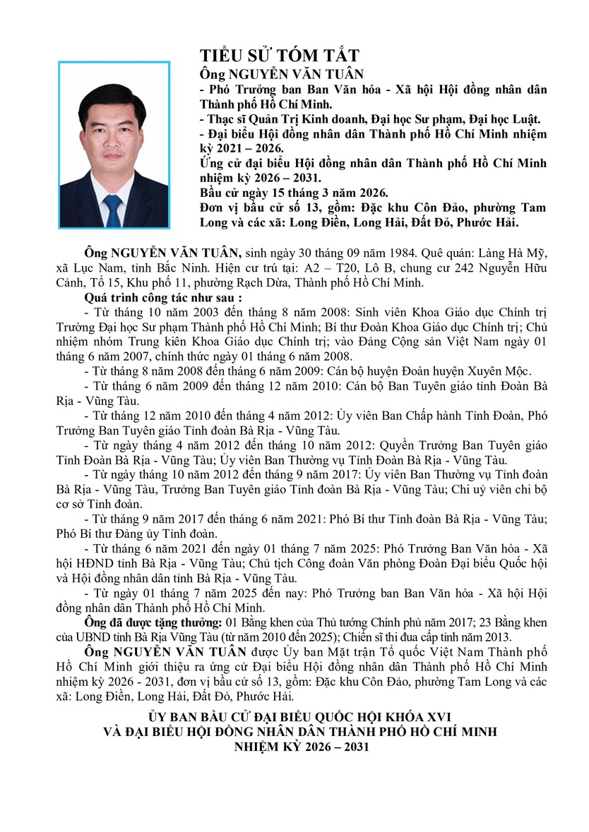 Ông Nguyễn Văn Tuân trúng cử Đại biểu Hội đồng nhân dân TP. Hồ Chí Minh Khóa XI nhiệm kỳ 2026 - 2031 - Ảnh 1.