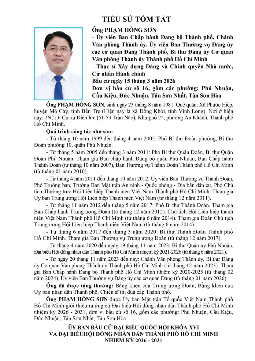 Ông Phạm Hồng Sơn trúng cử Đại biểu Hội đồng nhân dân TP. Hồ Chí Minh Khóa XI nhiệm kỳ 2026 - 2031 - Ảnh 1.