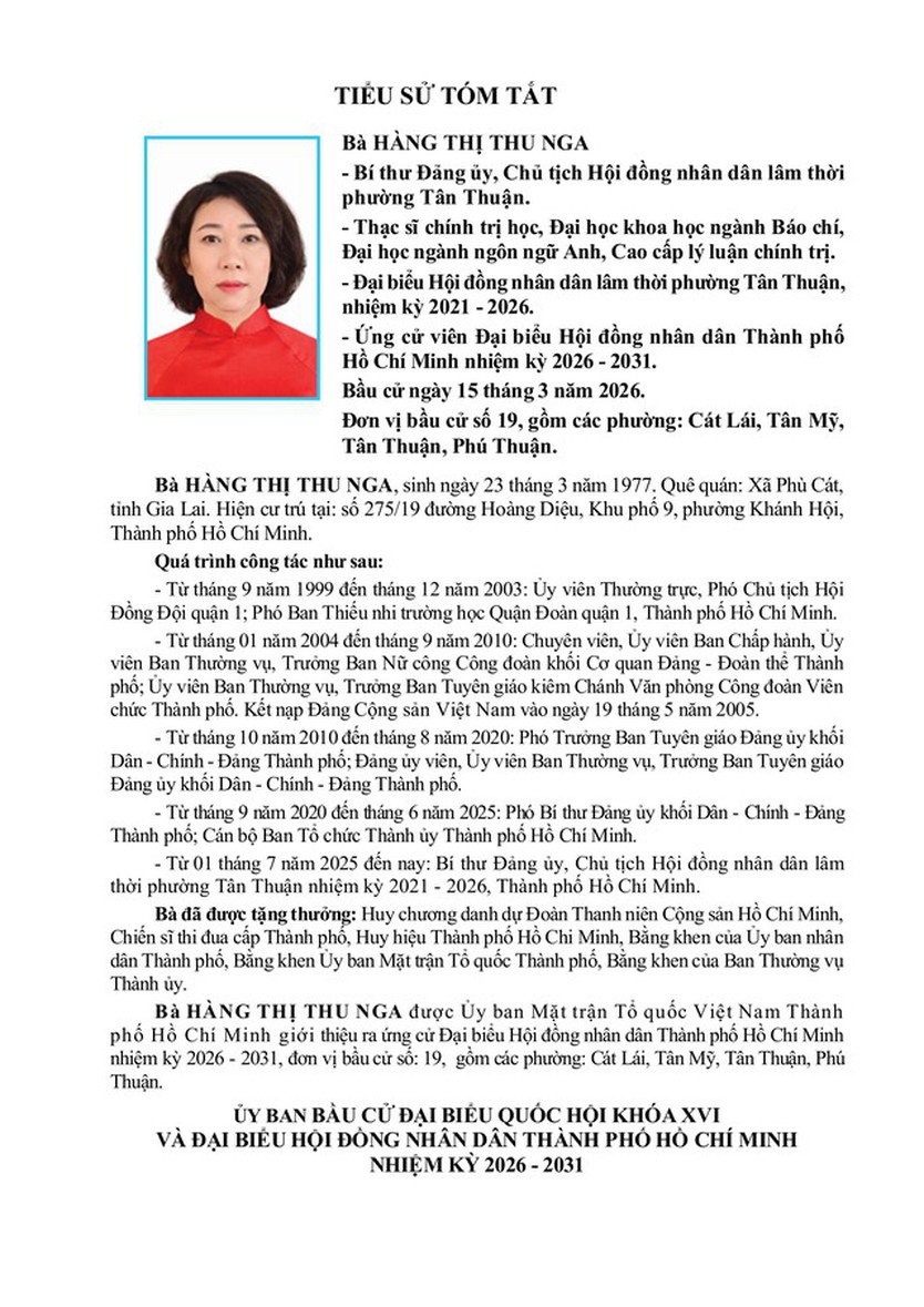 Bà Hàng Thị Thu Nga trúng cử Đại biểu Hội đồng nhân dân TP. Hồ Chí Minh Khóa XI nhiệm kỳ 2026 - 2031 - Ảnh 1.