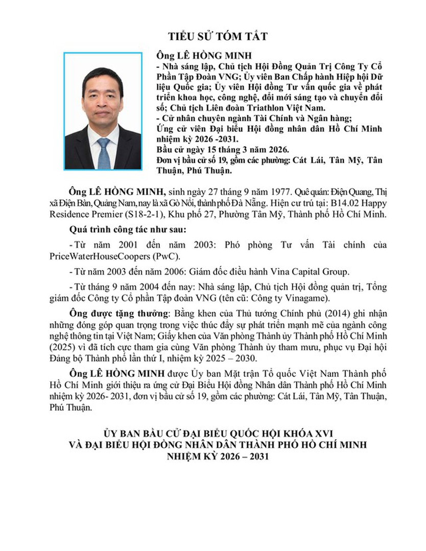 Ông Lê Hồng Minh trúng cử Đại biểu Hội đồng nhân dân TP. Hồ Chí Minh Khóa XI nhiệm kỳ 2026 - 2031 - Ảnh 1.