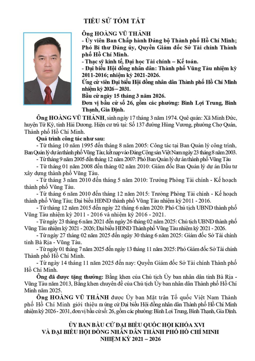 Ông Hoàng Vũ Thành trúng cử Đại biểu Hội đồng nhân dân TP. Hồ Chí Minh Khóa XI nhiệm kỳ 2026 - 2031 - Ảnh 1.