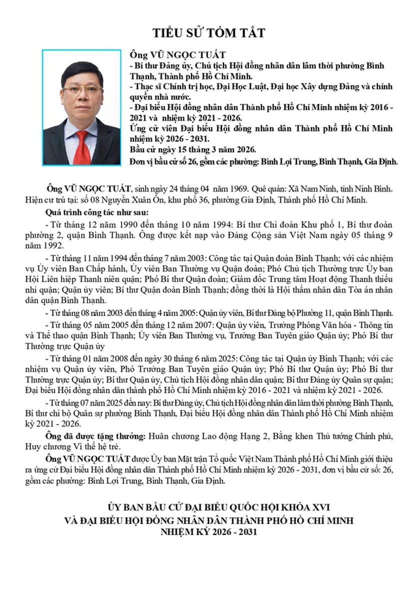 Ông Vũ Ngọc Tuất trúng cử Đại biểu Hội đồng nhân dân TP. Hồ Chí Minh Khóa XI nhiệm kỳ 2026 - 2031 - Ảnh 1.