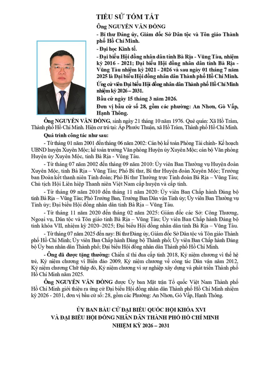 Ông Nguyễn Văn Đồng trúng cử Đại biểu Hội đồng nhân dân TP. Hồ Chí Minh Khóa XI nhiệm kỳ 2026 - 2031 - Ảnh 1.