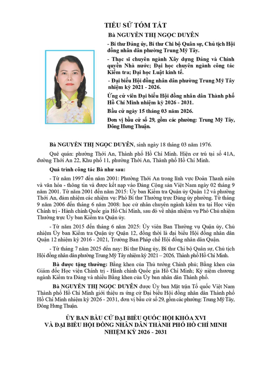 Bà Nguyễn Thị Ngọc Duyên trúng cử Đại biểu Hội đồng nhân dân TP. Hồ Chí Minh Khóa XI nhiệm kỳ 2026 - 2031 - Ảnh 1.