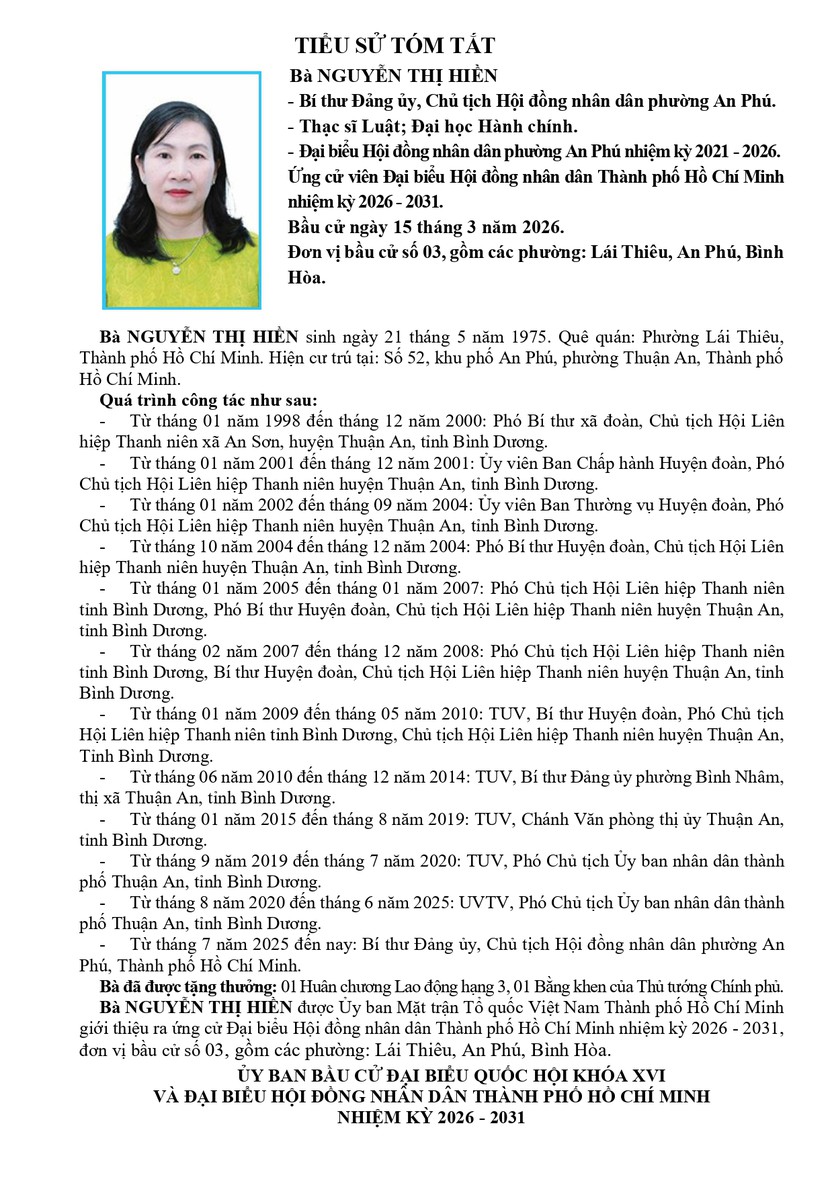 Bà Nguyễn Thị Hiền trúng cử Đại biểu Hội đồng nhân dân TP. Hồ Chí Minh Khóa XI nhiệm kỳ 2026 - 2031 - Ảnh 2.
