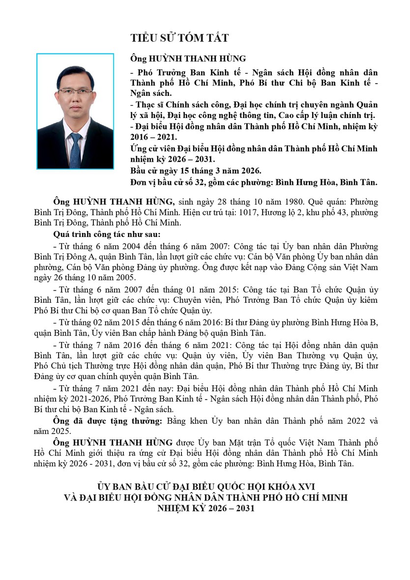 Ông Huỳnh Thanh Hùng trúng cử Đại biểu Hội đồng nhân dân TP. Hồ Chí Minh Khóa XI nhiệm kỳ 2026 - 2031 - Ảnh 2.
