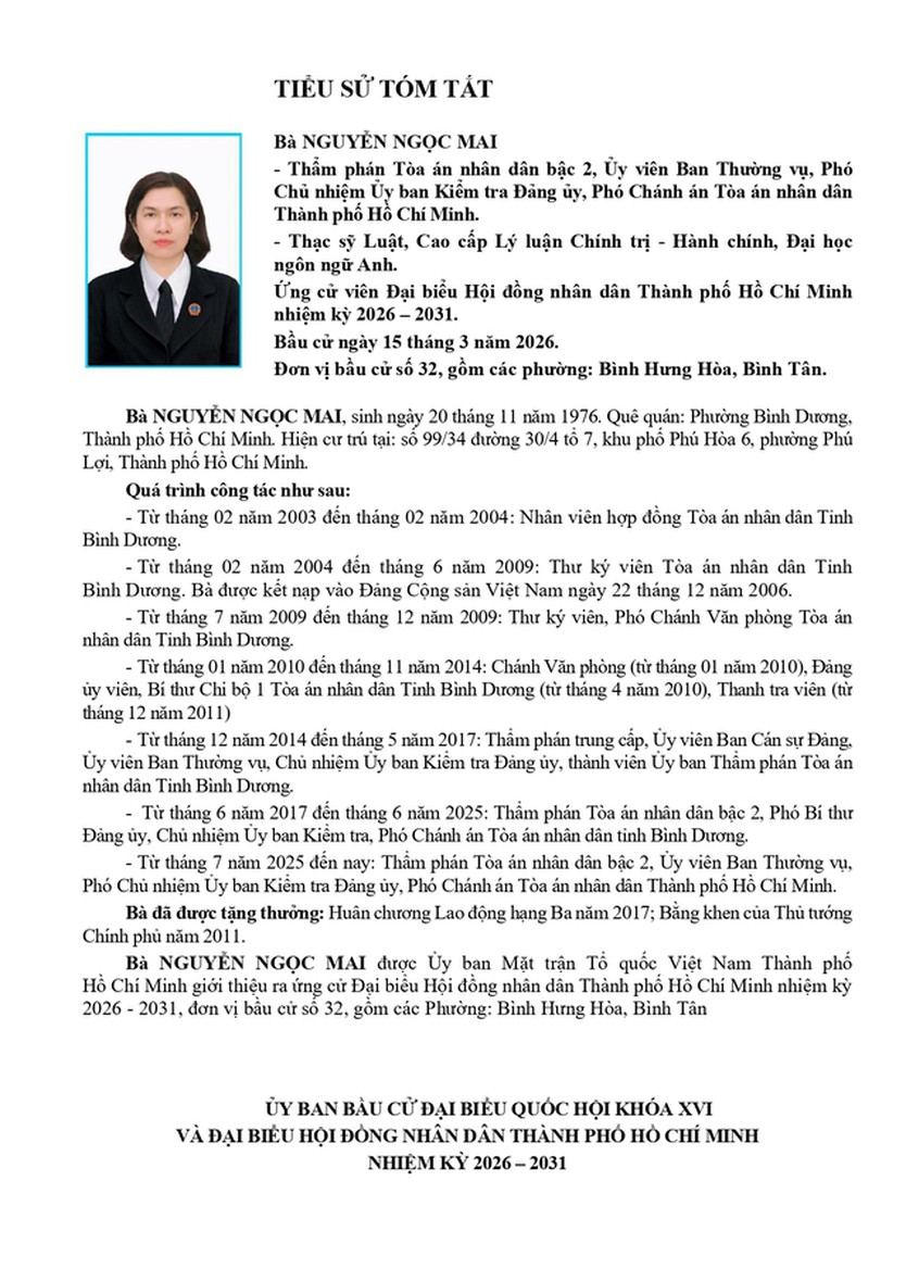 Bà Nguyễn Ngọc Mai trúng cử Đại biểu Hội đồng nhân dân TP. Hồ Chí Minh Khóa XI nhiệm kỳ 2026 - 2031 - Ảnh 1.