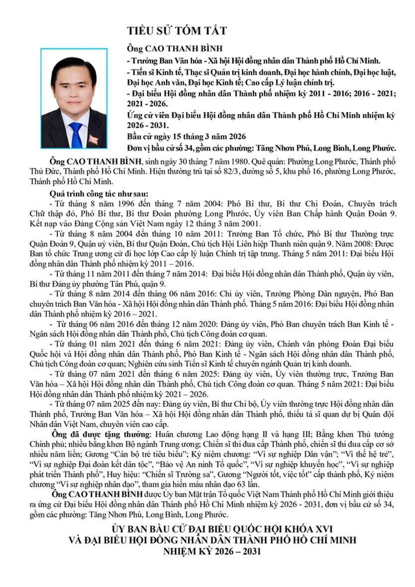 Ông Cao Thanh Bình trúng cử Đại biểu Hội đồng nhân dân TP. Hồ Chí Minh Khóa XI nhiệm kỳ 2026 - 2031 - Ảnh 1.
