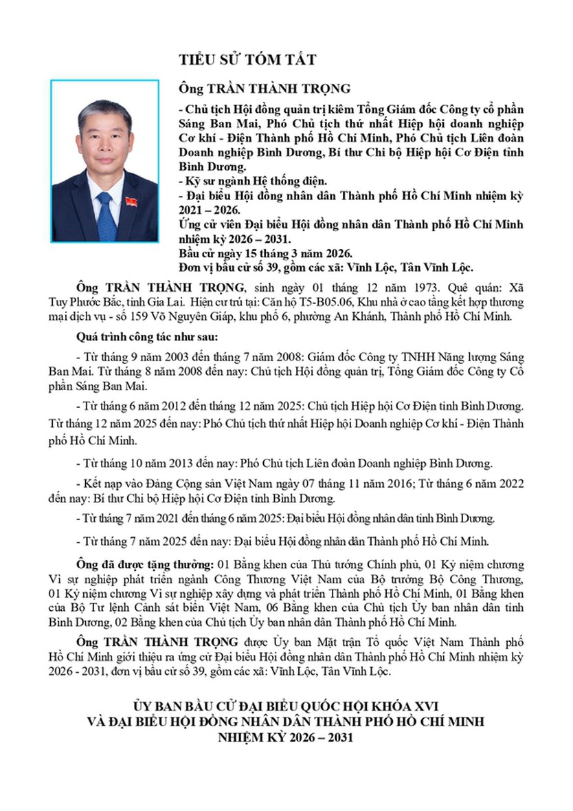 Ông Trần Thanh Trọng trúng cử Đại biểu Hội đồng nhân dân TP. Hồ Chí Minh Khóa XI nhiệm kỳ 2026 - 2031 - Ảnh 1.