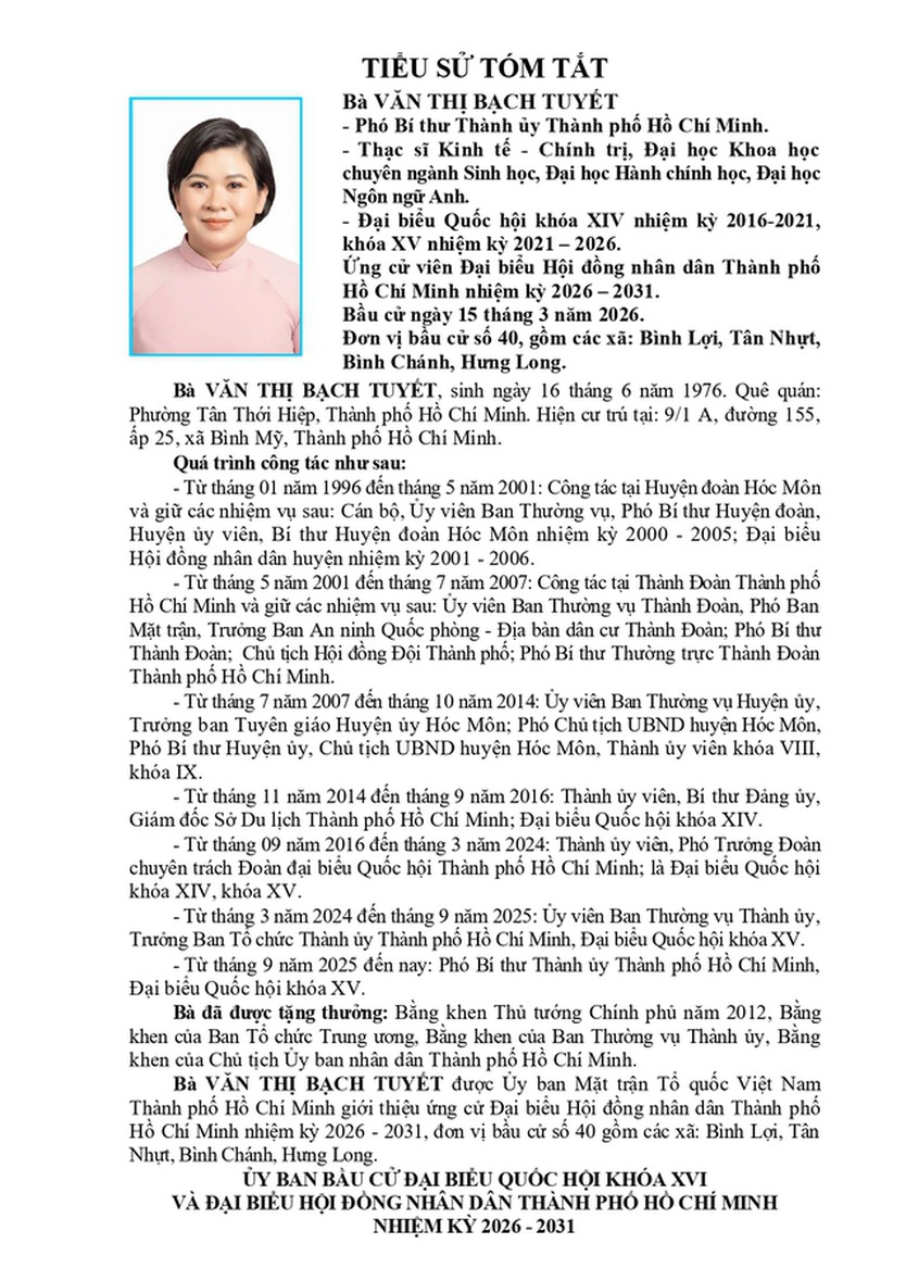 Bà Văn Thị Bạch Tuyết trúng cử Đại biểu Hội đồng nhân dân TP. Hồ Chí Minh Khóa XI nhiệm kỳ 2026 - 2031 - Ảnh 1.