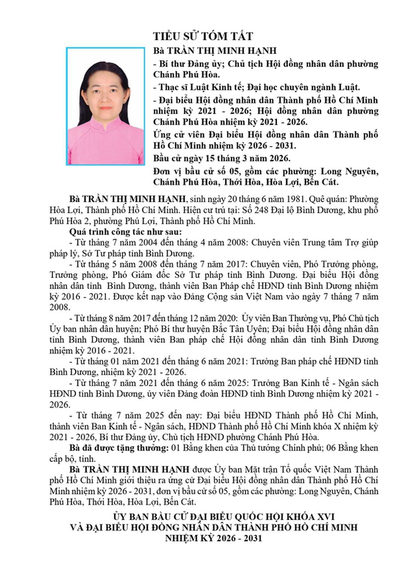 Bà Trần Thị Minh Hạnh trúng cử Đại biểu Hội đồng nhân dân TP. Hồ Chí Minh Khóa XI nhiệm kỳ 2026 - 2031 - Ảnh 1.