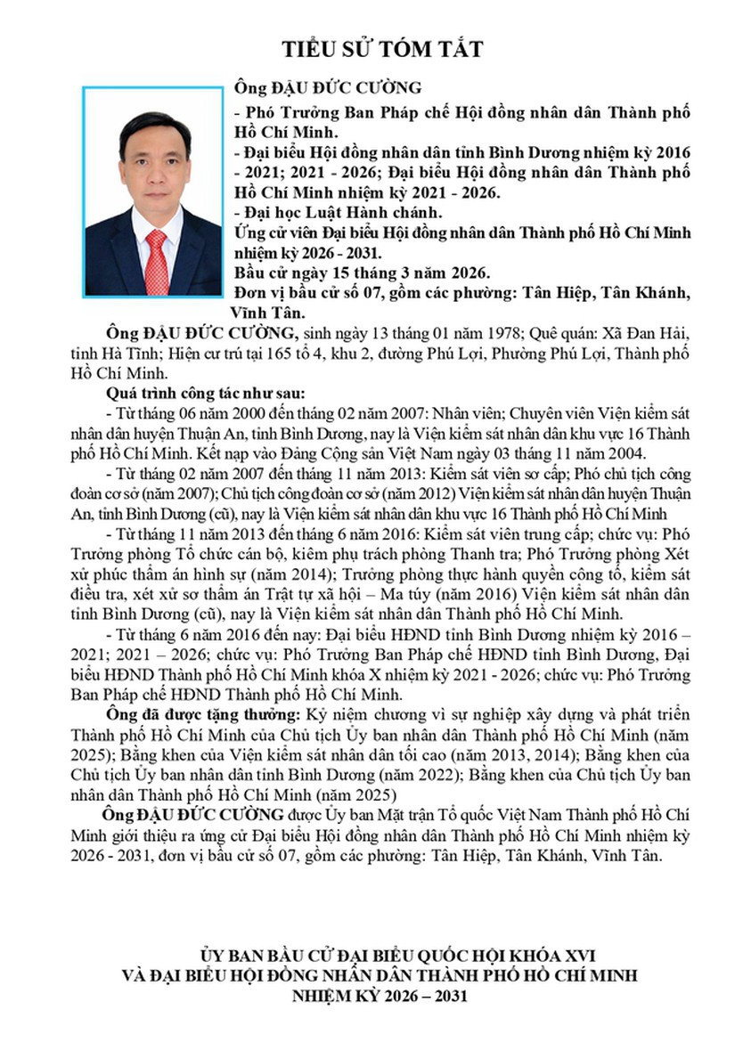 Ông Đậu Đức Cường trúng cử Đại biểu Hội đồng nhân dân TP. Hồ Chí Minh Khóa XI nhiệm kỳ 2026 - 2031 - Ảnh 1.