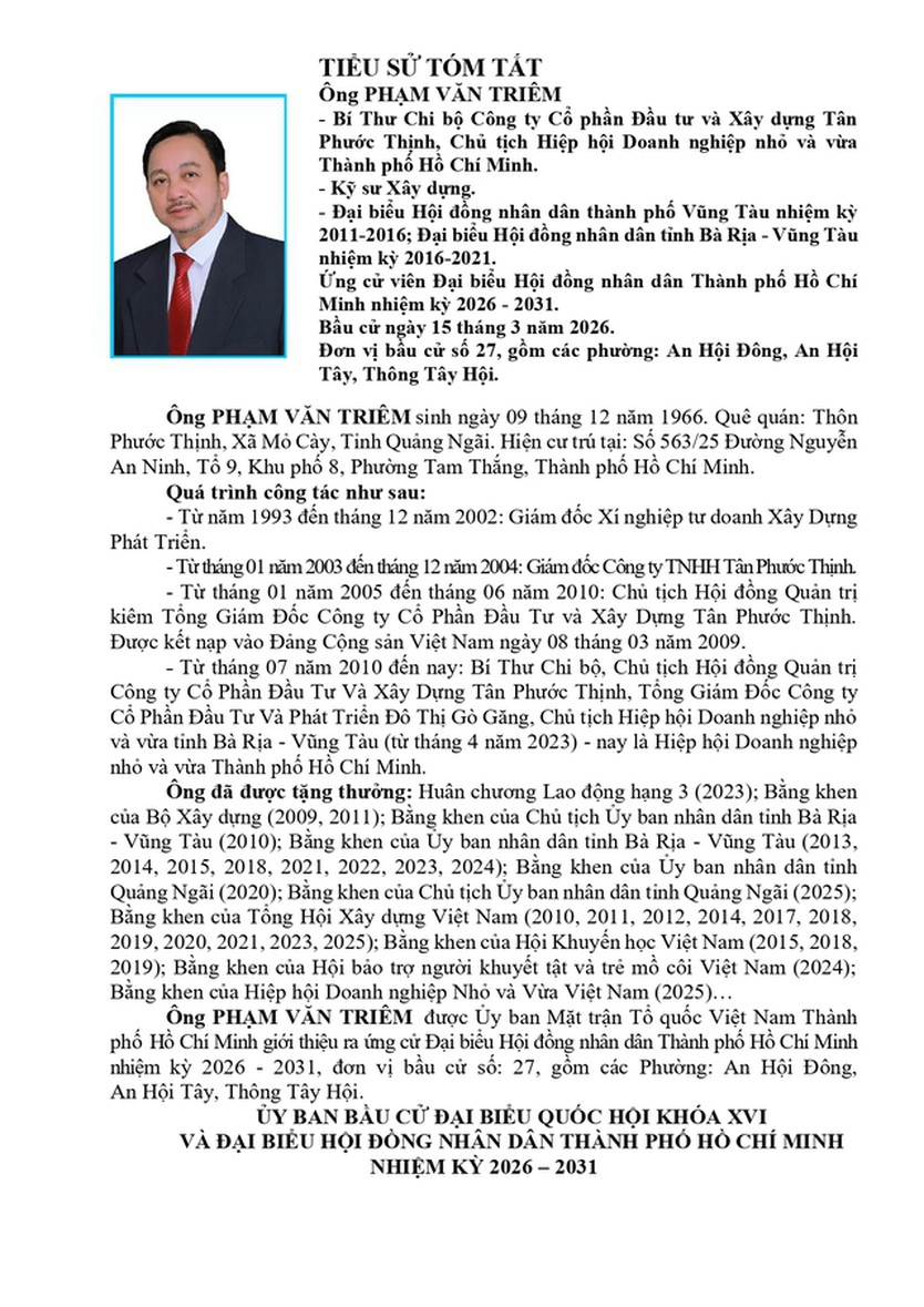 Ông Phạm Văn Triêm trúng cử Đại biểu Hội đồng nhân dân TP. Hồ Chí Minh Khóa XI nhiệm kỳ 2026 - 2031 - Ảnh 1.