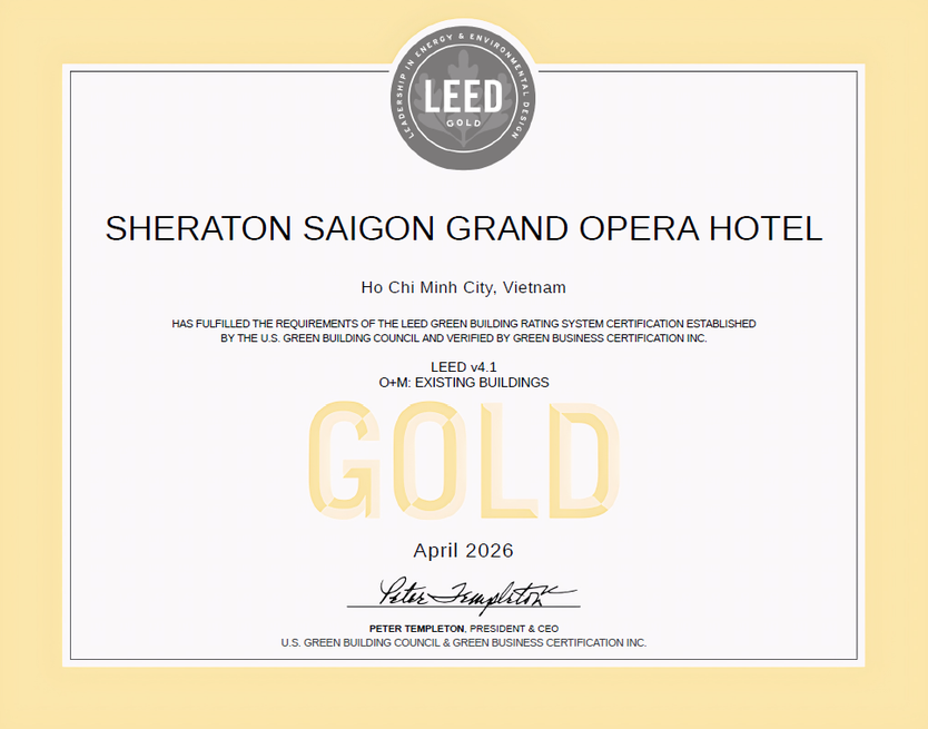Sheraton Saigon trở thành khách sạn Marriott đầu tiên tại Việt Nam đạt chứng chỉ LEED Gold - Ảnh 1.