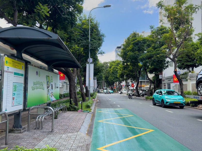 TP. Hồ Chí Minh: Xuất hiện hàng loạt dải sơn màu xanh lạ mắt trên đường phố - Ảnh 1.