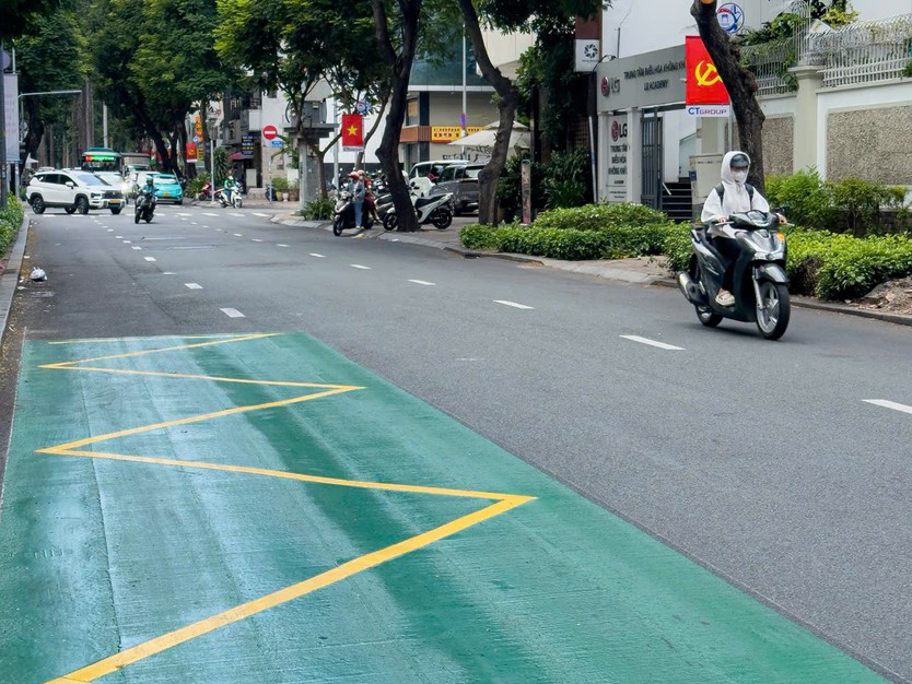 TP. Hồ Chí Minh: Xuất hiện hàng loạt dải sơn màu xanh lạ mắt trên đường phố - Ảnh 2.