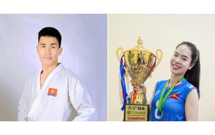 Lê Thanh Thúy và Lê Minh Thuận cầm cờ cho Đoàn Thể thao Việt Nam tại SEA Games 33