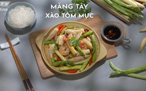 Ngọt giòn với măng tây xào tôm mực